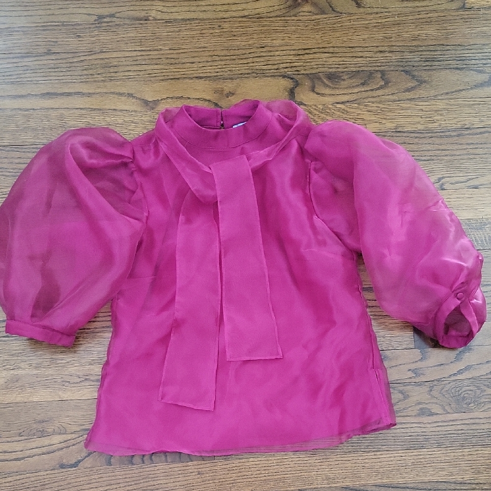 CeCe Fuchsia Sheer Blouse with Puff Sleeves